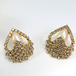 Gold Rhinestone Pearl Earrings, Vintage Glam Statement Stud Jewelry for Women